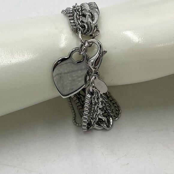 Stately Stainless Steel Heart Shaped Charm Multi-row Multi Chain Bracelet NWOT - Picture 1 of 13
